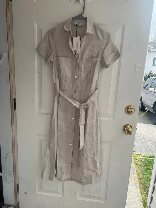 NWT Hiris Cotton Button-Front Short Sleeve Linen Midi Dress in Natural Beige - Picture 13 of 15